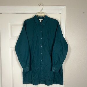 Eileen Fisher Teal Linen Long Sleeve Button Up Lagenlook Tunic Shirt Womens